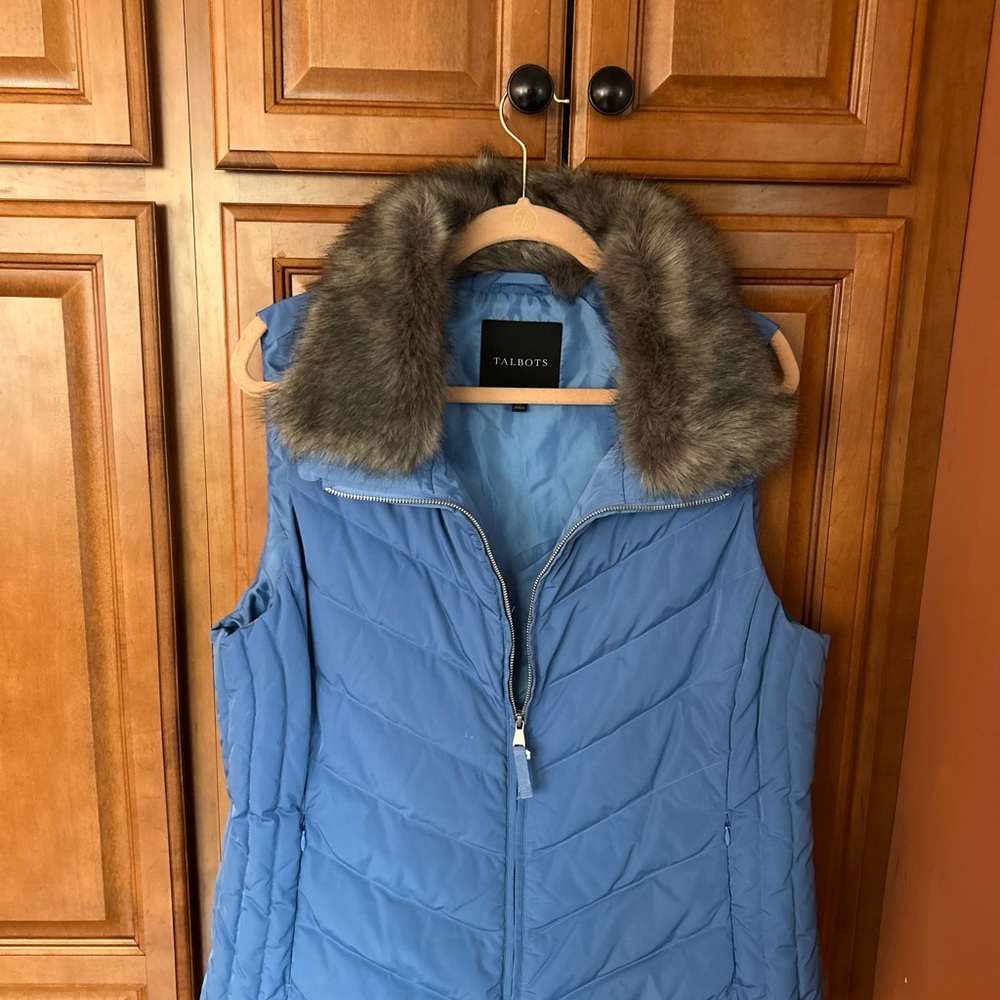 Talbots Sky Blue Vest with Faux Fur Trim